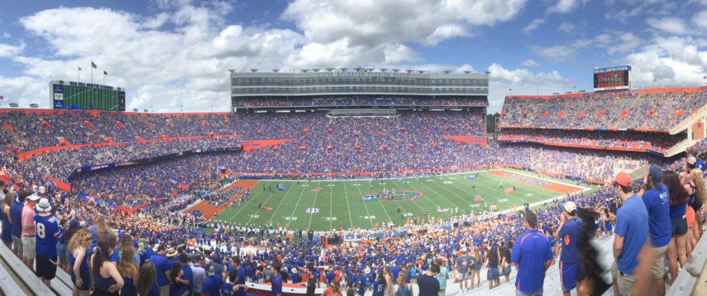 A panoramic view of "The Swamp" during a football game. 